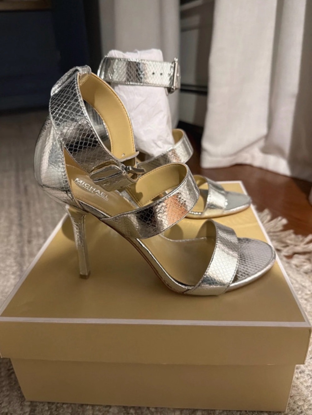 Michael Kors Silver Metallic Strappy Stiletto Sandals - Picture 3 of 5